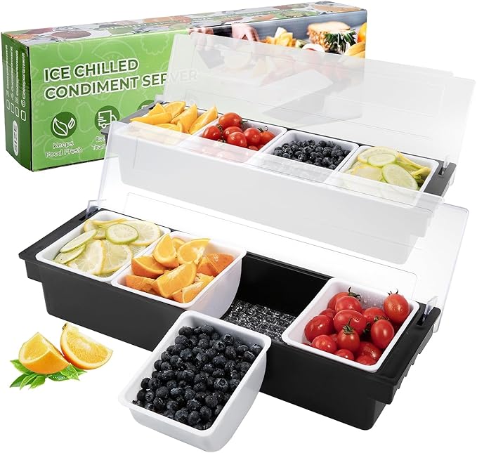 Fruit, Veggie & Condiment Caddy with Lid Dispenser Tray Garnish Station for Bartending & Serving Taco (2, 4 Compartment)