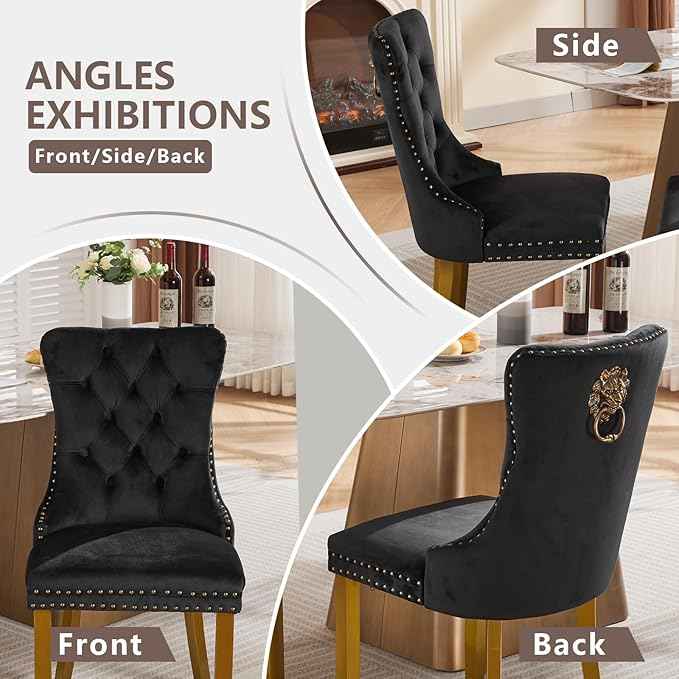 Velvet Dining Chairs Set of 2, Modern Tufted Dining Room Chair, Upholstered Dining Chairs with Lion Head Pulls Ring and Golden Solid Wood Legs, Luxury Kitchen Chairs for Dining Room, Black