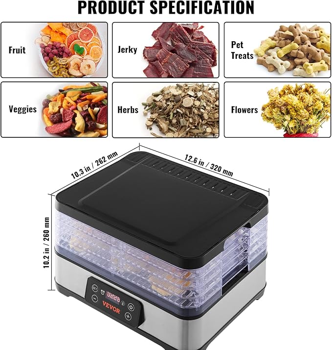 VEVOR Food Dehydrator Machine, 5-Tray Fruit Dehydrator, 300W Electric Food Dryer w/Digital Adjustable Timer & Temperature for Jerky, Herb, Meat, Beef, Fruit, Dog Treats and Vegetables, ETL Listed