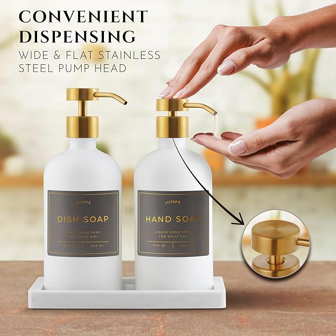 Glass Soap Dispenser Set of 2 (White) with Silicone Tray | Hand and Dish Soap Dispenser for Kitchen and Bathroom | 16.8 Oz Glass Bottles with Stainless Steel Pump & 15 Waterproof Labels (White/Gold)