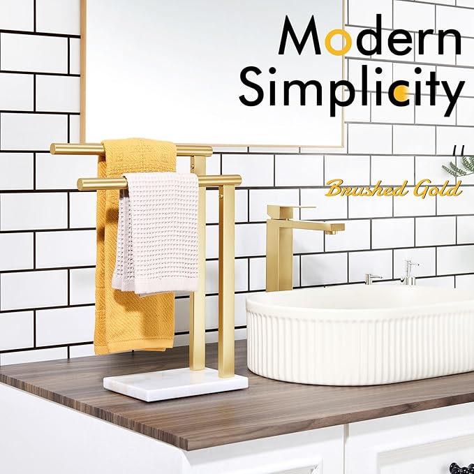 KOKOSIRI Hand Towel Rack Standing Towel Rails 2-Tier with Marble Base for Bathroom Vanity Countertop, Brushed Gold Stainless Steel 15.7'' Height THS0007-BG
