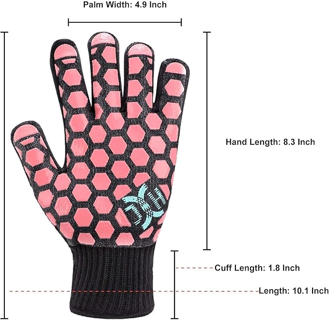J H Heat Resistant Oven Glove:EN407 Certified 932 °F, 2 Layers Silicone Coating, Oven Mitts for Cooking,Kitchen,Fireplace, Grilling,1Pair (Black Shell with Coral, Women Fits All)