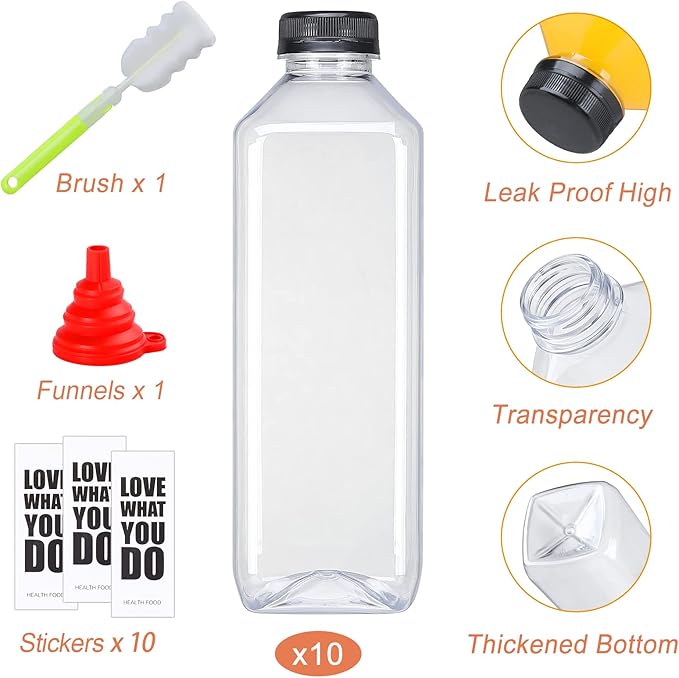 Fhxtcygj 10pcs 33oz Plastic Bottles with Caps, Juice Container with Lids, Empty Plastic Juice Bottles Reusable Clear Bulk Beverage Containers with Tamper Evident Cap for Milk, Smoothie, Drinks