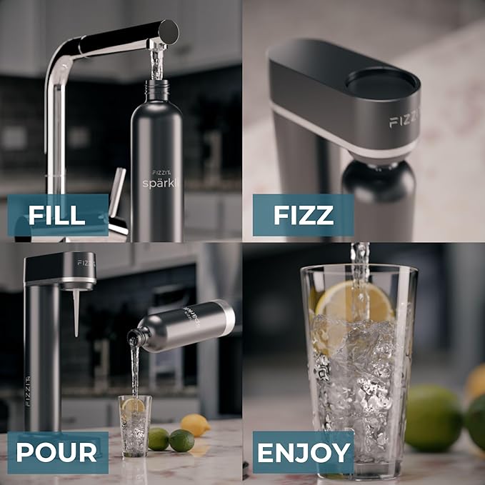 Fizzit Spärklï Stainless Steel Sparkling Water Maker with 2 CO2 Cylinders & 1L Reusable Bottle – Soda Streaming Machine Carbonated Water Maker for Home – No Electricity Needed, Dishwasher Safe