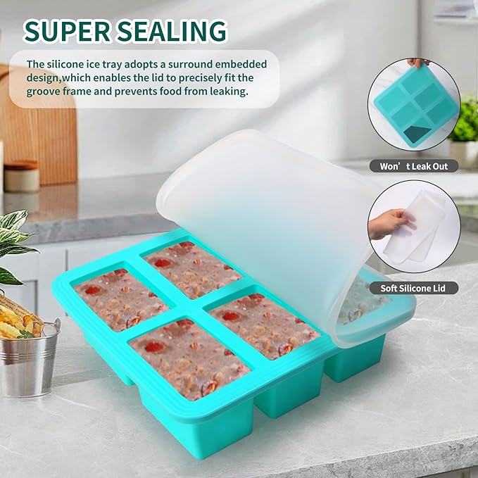 1 Cup Silicone Freezer Trays with Lid, 4 Pcs Ice Cube Freezer Molds, Silicone Ice Cube Tray, Easy Meal Prep, Silicone Mold for Soup and Food Storage(Aqua 4 Pack)