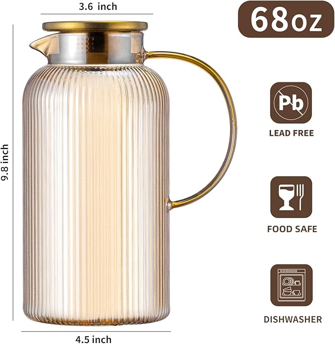 Buaic 2 PACK Glass Pitcher with Lid, 68 oz/ 2 Liter Amber Classic Vertical Stripes Water Pitcher,Glass Water Carafe for Cold Brew, Coffee, Lemonade, Iced Tea,Beverage, Heat Resistant Water Glass Jug