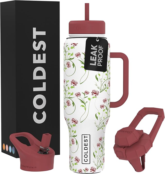 Coldest Tumbler with Handle and Straw, 100% Leak Proof Insulated Tumbler with Lid and Straw (3 Lids), Stainless Steel Tumblers for Women & Men, Cup Holder Friendly Base, 46 oz (Wine & Willow)