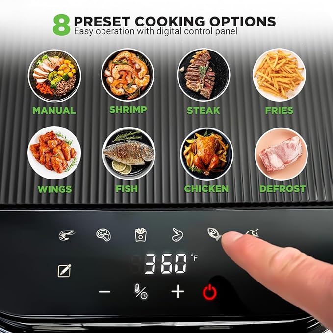 Nutrichef 5.8 Quart Air Fryer | 8-1 Preset Cook Modes | Transparent Fry Bowl for Best Cooking Results | Cook Shrimp, Steak, Fries, Wings, Chicken & More | Precise Temperature Control & Time | Grey