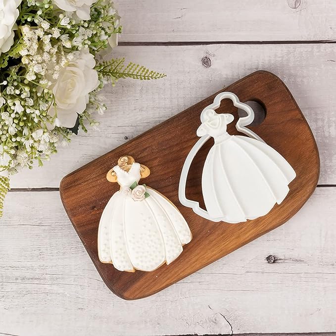 Flycalf Wedding Dress Cookie Cutter with Plunger Stamps Bridesmaid Bridal Shower Holiday PLA Baking Accessories 3" Cutter Molds for Kids Decorative Party Kitchen