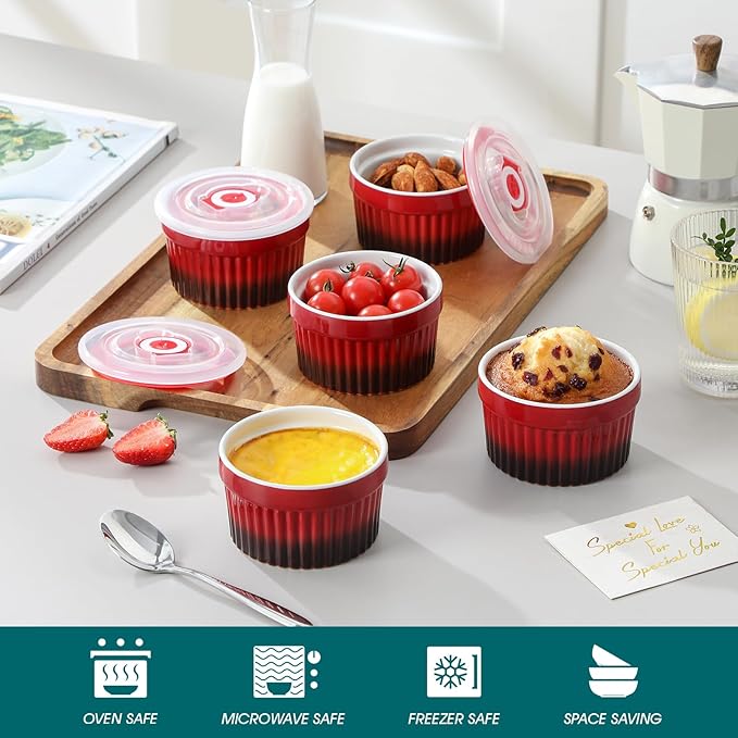 vancasso 6 oz Ramekins with Lid, Porcelain Creme Brulee Souffle Dishes, Red Pudding Custard Cups Ramiken for Baking, Dishwasher and Oven Safe, Set of 6