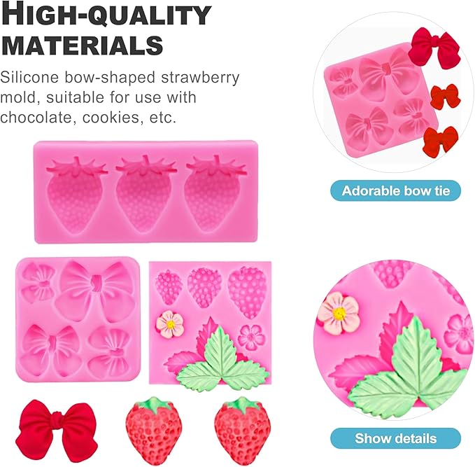 CoguZed 4 Pcs Strawberry and Bow Silicone Molds, Fruit and Leaf Fondant Mold for Chocolate, Candy Making, Cake Decorating and Clay Crafting