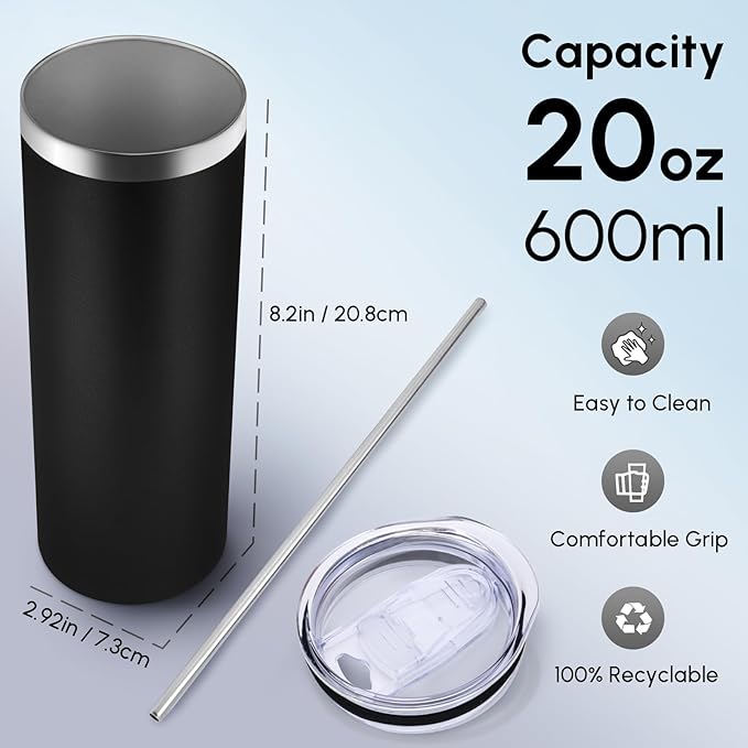 Volhoply 20 oz Skinny Tumbler with Lid and Straw, Stainless Steel Straight Tumblers Cup, Vacuum Insulated Coffee Mug for Home, Office, Travel, DIY (Black,1 Pack)
