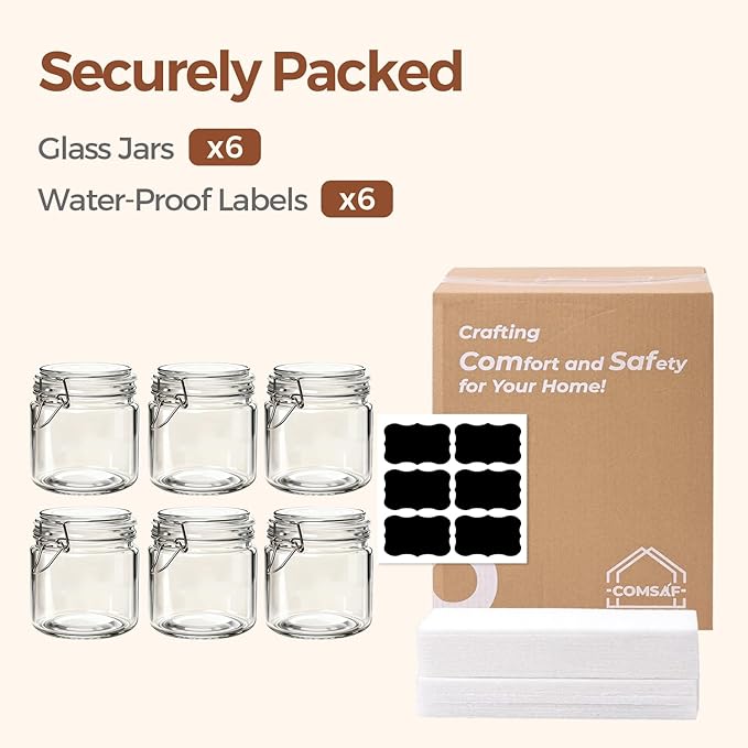 ComSaf 17oz Overnight Oats Containers with Lids 6-Pack, Wide Mouth Glass Jars for Meal Prep, 500ml Airtight Glass Canisters with Wire Clamp for Sourdough Starter, Fridge Pickling & Pantry Organization