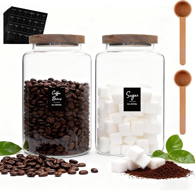 Glass Coffee Jar with Wood Lids Spoon Labels Clear Coffee Ground Canister set of 2,Borosilicate Glass Food Containers for Spice Cookies Sugar Tea Bar (2800ml/94oz-2 pack-with spoon)