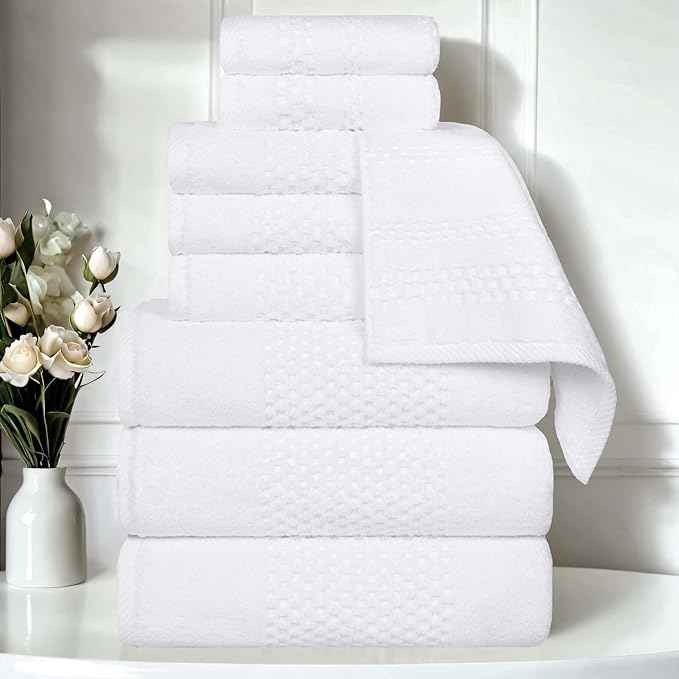 Superior Playa Zero Twist Cotton Medium Weight Towels, for Guest Bath, Bathroom, Shower, Spa, Plush, Quick Dry, Ultra-Soft Towels, Bath Essentials, Waffle Textured, 9 Piece Assorted Towel Set, White