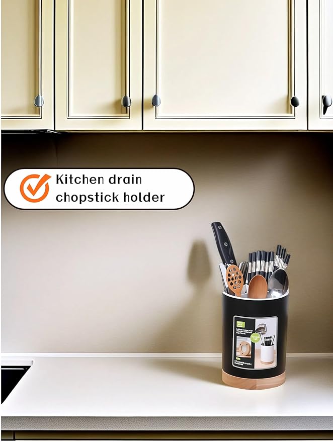 BUBBLE-FLY Modern Kitchen Utensil Holder with Drainage, Black and Wood Base, 3 Compartment Divided Organizer for Spoons Forks Knives, Countertop Caddy for Cooking Tools and Cutlery Storage- Non-Slip