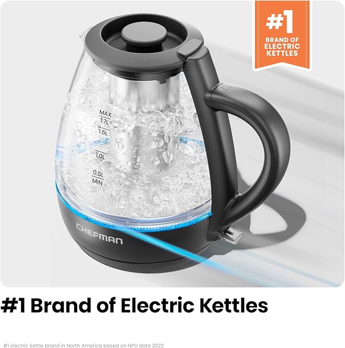 Chefman Electric Kettle with Tea Infuser, 1.7L 1500W, Removable Lid for Easy Cleaning, Boil-Dry Protection, Stainless Steel Filter, BPA Free, Auto Shut Off Hot Water Boiler, Glass Electric Tea Kettle
