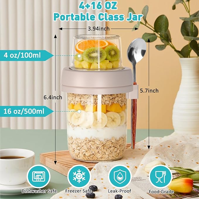 4 Pack Overnight Oats Containers with Lids and Spoons, 20 oz (16+4) Overnight Oats Jars, Glass Mason Jars with Dry and Wet Separation for Oatmeal Salad Yogurt, Dual-Layer Yogurt Containers with Lids