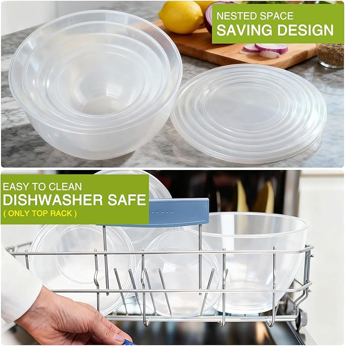 Greentainer Plastic Mixing Bowls with Lids Set for Kitchen, 5 Set Nesting Bowls for Mixing, Baking, Prepping, Cooking and Serving Food, Mixing Bowls Dishwasher, Microwave Safe