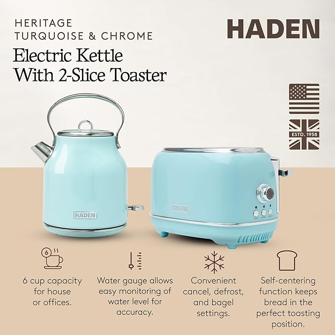 Haden Heritage 1.7 Liter Stainless Steel Electric Tea Kettle with Heritage 2 Slice Wide Slot Stainless Steel Bread Toaster, Turquoise