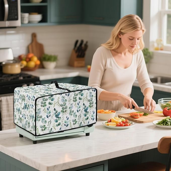 Countertop Convection Oven Cover Decorative and Protective Air Fryer Toaster Oven Dust Cover for Home Kitchen Indoor Decor, M, Eucalyptus Leaf Green White