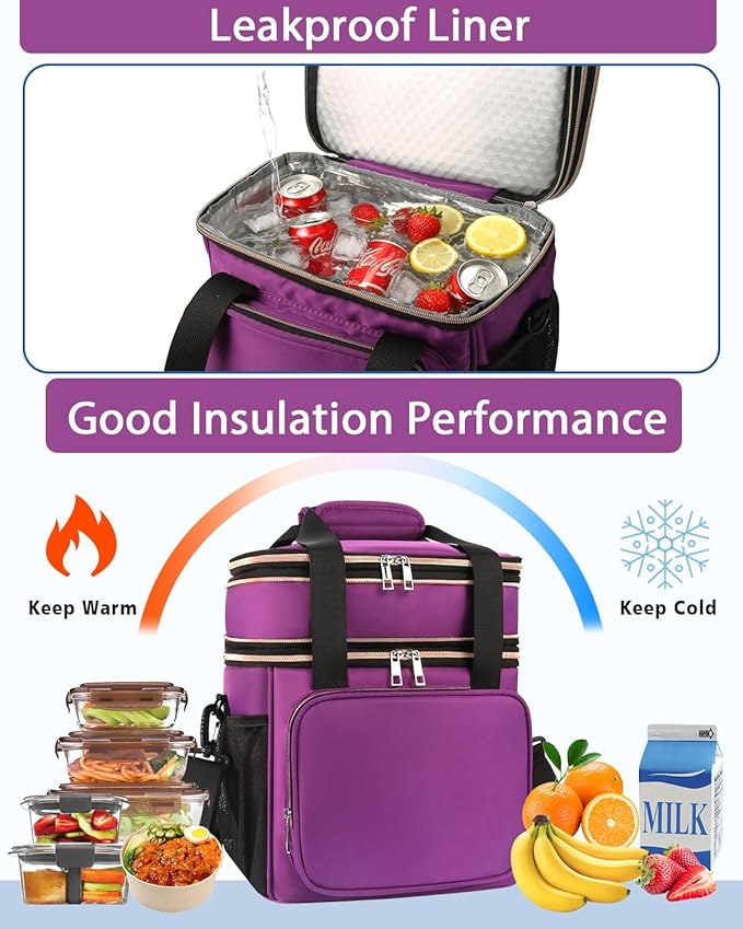 GLENKEY Versatile Lunch Box Cooler Bag - Expandable Insulated Lunch Bag Tote for Women - Large Lunchbox for Adults Work Office Outside Trips Purple 16L