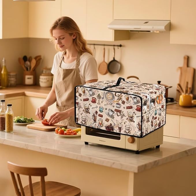 Toaster Oven Dust Cover Small Kitchen Appliance Cover for Countertop Convection Ovens,Small Appliances, M, 16.5 x 20.5 x 10 inches, Coffee Chocolate Print Beige