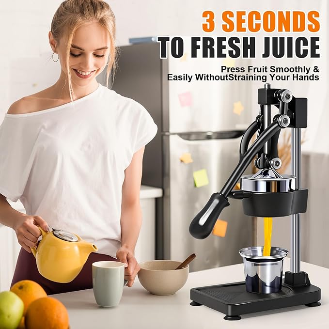 Manual Cast Iron Citrus Juicer,Commercial Hand Press,Heavy Duty Countertop Squeezer for Fresh Orange Lemon Juice,Stable When Pressed,Easy to Use & Clean (black)