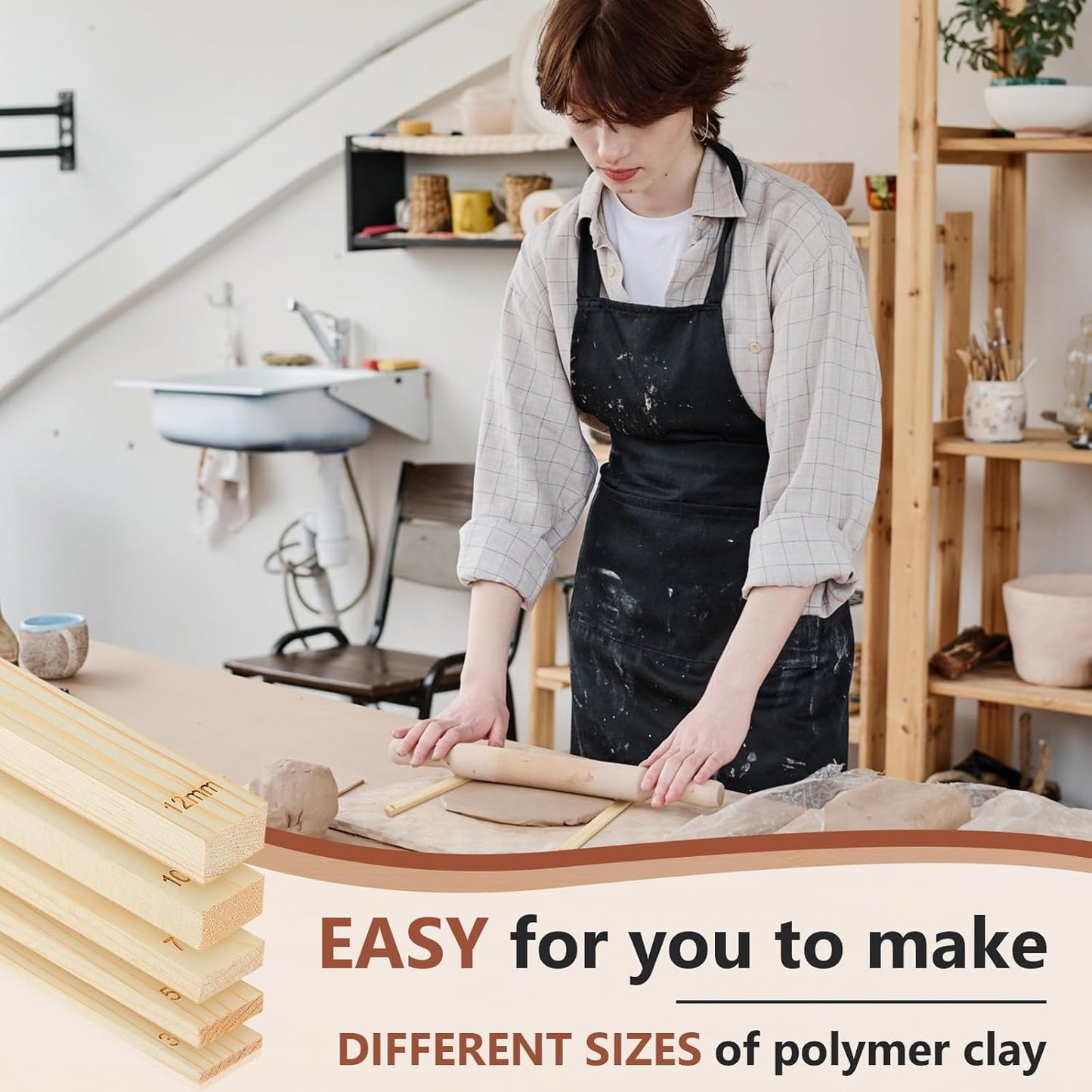 Sasylvia 20 Pcs Pottery Teaching Rolling Mud Stick Guide Mudboard Guide Wooden Strips Rolling Pin Guides Pottery Tools and Supplies for Manual Polymer Clay Tool Gift Craft(Assorted Sizes)
