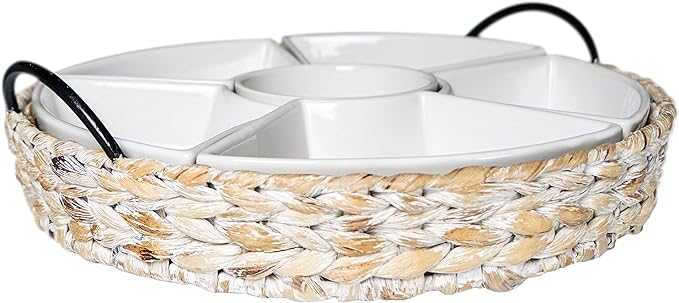 Ceramic Serving Trays, RANDEFURN Serving Platters with 6 Removable Dishes, Serving Tray for Parties, Food Tray 15.5 x 15.5 Inches, Perfect for or Chips,Whitewash