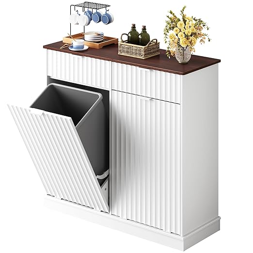 WLIVE 2 * 10 Gallon Double Tilt Out Trash Can Cabinet, Hidden Trash Can Cabinet with Storage Drawers,Food/Clothes Storage Pet Proof Wooden Trash bin Cabinet for Kitchen, Home, Laundry (White)