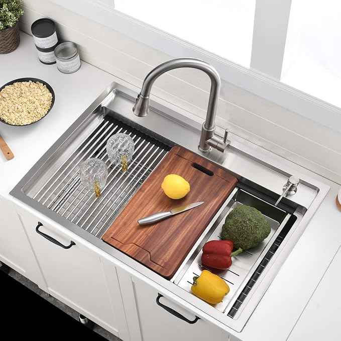 33 Inch Drop In Kitchen Sink Workstation - VOKIM 33X22 Inch Drop In sink Stainless Steel Splash Guard 16 Gauge 10'' Deep Single Bowl Handmade Topmount Sink with Cutting Board& Strainer