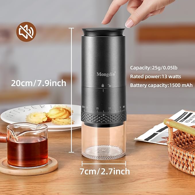 Mongdio Portable Electric Burr Coffee Grinder with 38 Adjustable Settings, Conical Burr Coffee Grinder with LED Display, USB Charging, Ceramic Core, for Home, Space Black