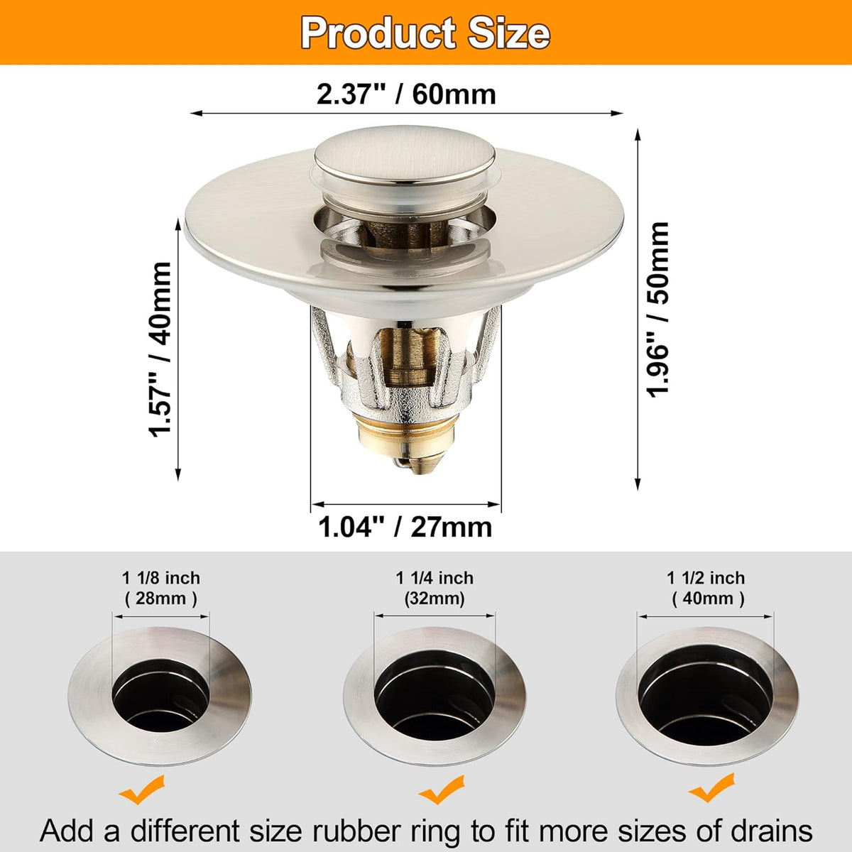 Bathroom Sink Drain Stopper for 1.1 to 1.5 inch Standard Drain Holes, Pop-up Sink Stoppers, Bullet Core Push Type Basin Drain Filter, Anti Clogging Stainless Steel Sink Strainer With Basket, Brushed