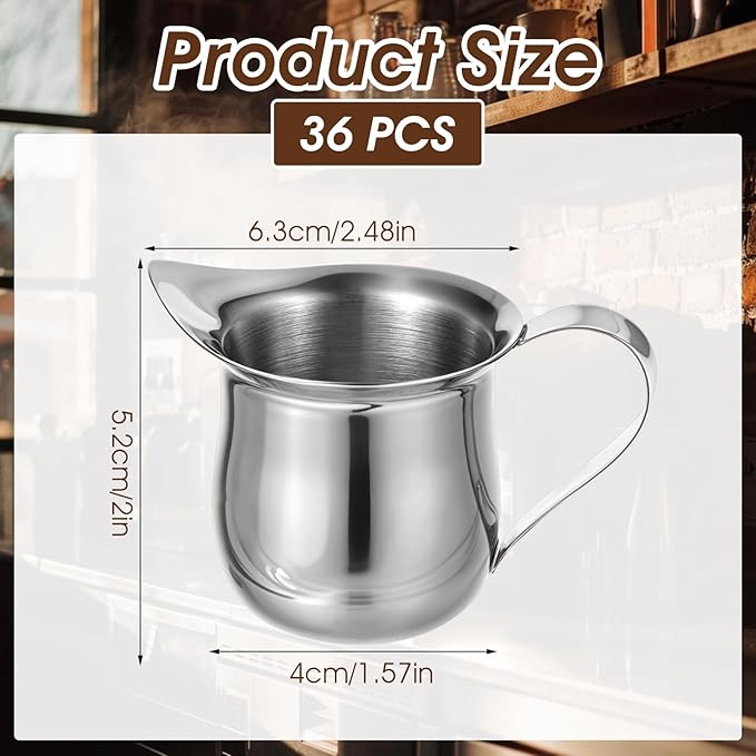 Molain 36 Pcs Stainless Steel Bell Creamers, 3 oz Mini Creamer Pitcher with Handle and Pouring Spout Cup Container for Serving Milk Coffee Salad Dressing Maple Syrup Espresso Machine Restaurant Cafes