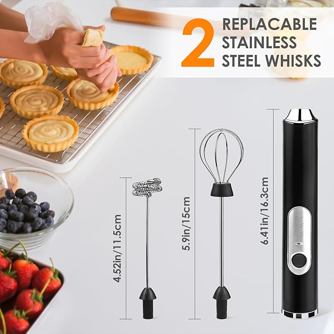 Milk Frother Handheld, Rechargeable Coffee Frother Wand with 2 Stainless Whisks 3 Speeds, Drink Mixer, Electric Foam Maker, Hand Mixer for Lattes, Cappuccino, Matcha, Egg, Black