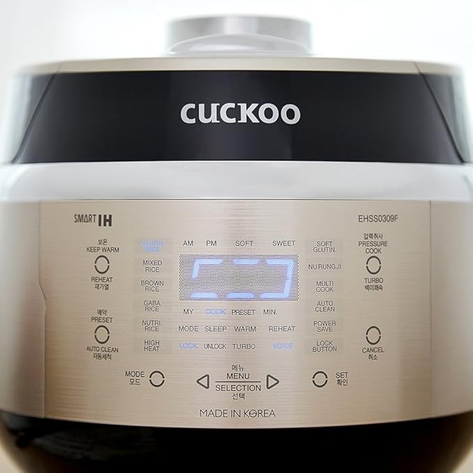 CUCKOO High Pressure Rice Cooker 3-Cup Uncooked / 6-Cup Cooked with Induction Heating Technology, Small Rice Maker with 16 Menu Options and Steam Plate, Voice Guide, Gold (CRP-EHSS0309F)