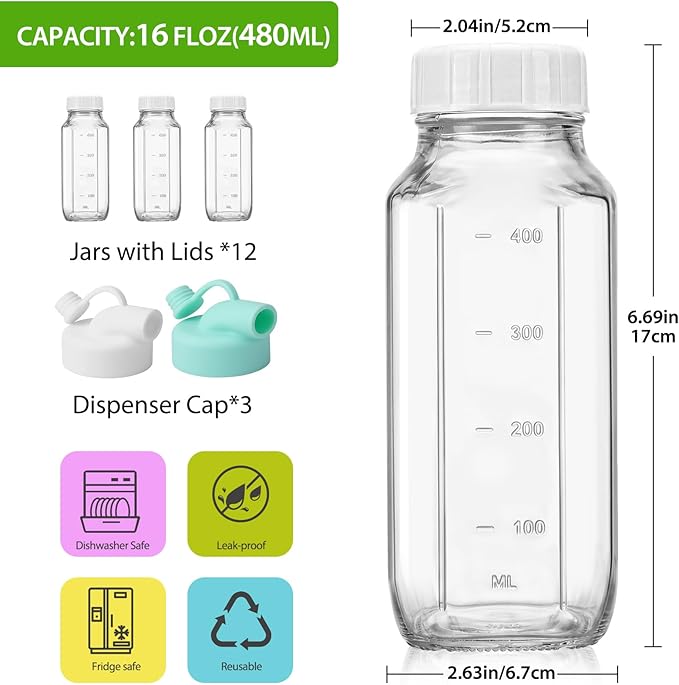 CUCUMI 12 Pack 16 Oz Glass Milk Bottles with Lids, Glass Juice Bottles with Scale & Silicone Pour Spout, Reusable Juice Containers Square Drinking Jars for Milk, Coffee, Smoothies, Water