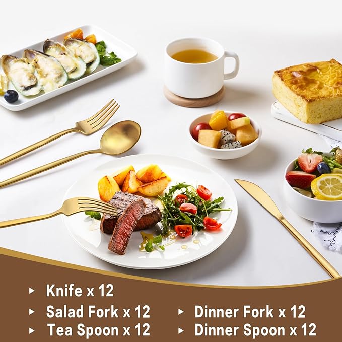 60-Piece Gold Silverware Set, Flatware Set for 12, Food-Grade Stainless Steel Cutlery, Includes Spoons Forks Knives, Kitchen Cutlery for Home Office Restaurant Hotel