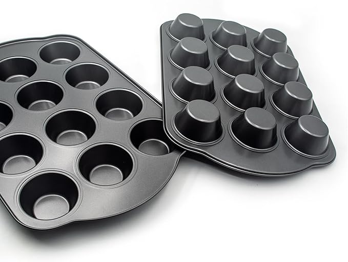 Non-Stick Standard Muffin Pans, 2.95" 12-Cup Set of 2 Baking Pans, Heavy Duty Carbon Steel Tins for Standard Muffins & Cupcakes