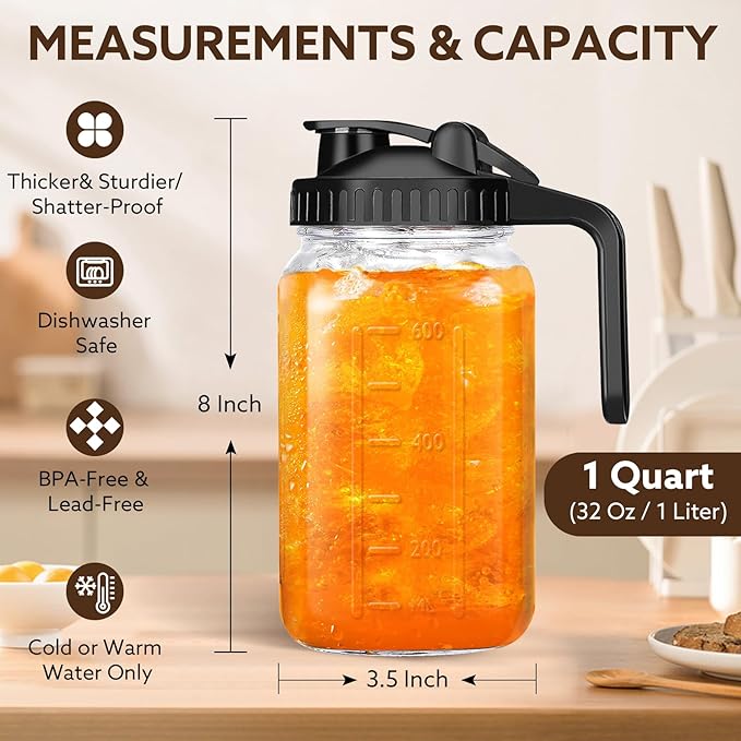 Mihlapi Breast Milk Pitcher, 32 OZ Mason Jar Pitcher with Lid Double Leak Proof,1 Quart Breastmilk Storage Containers for Fridge, Glass Jug for Sun Tea, Juice, Cold Brew Coffee