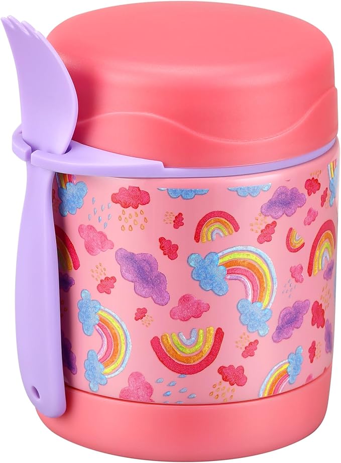 10oz Soup Thermo for Hot Food Kids,Lunch Thermo Kids Food Jar with Spoon Hot Insulated Food Containers,Leak Proof Stainless Steel Wide Mouth Lunch Thermo Jar for School(Pink-Rainbow)