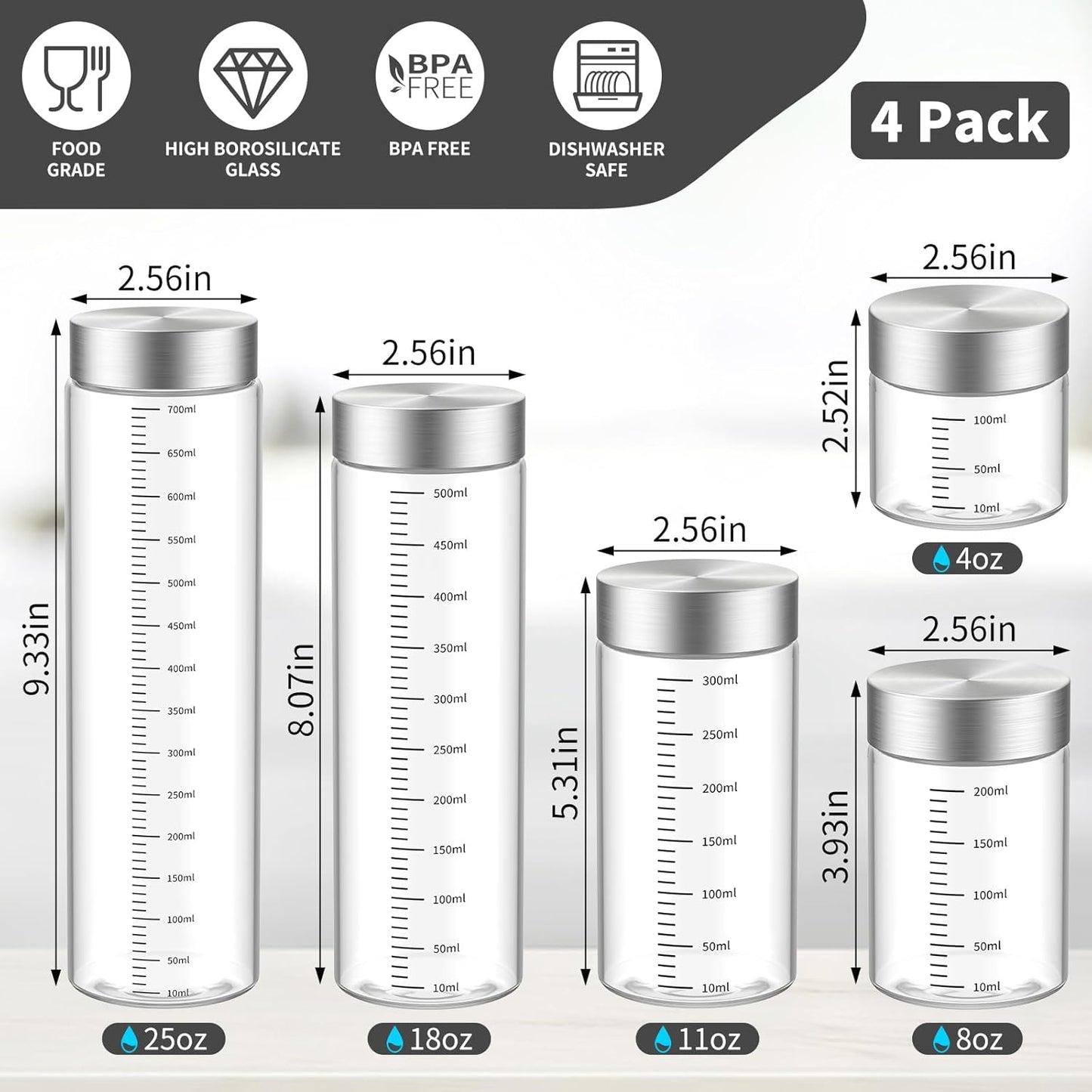 8 Oz Glass Juice Bottles, 4 Pack Glass Bottles with Lids, BPA Free, Borosilicate Glass, Leak Proof Lids for Juicing, Smoothies, Infused Water, Beverage Storage, Shaker Bottles