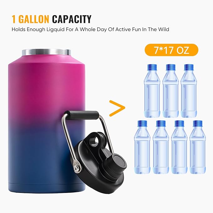 Kerilyn Insulated Gallon Jug with Handle, One Gallon, 128oz Stainless Steel, Large Double Vacuum Water Bottle for Hot & Cold Drinks, Wide Mouth, Sweat Proof, Great for Travel, Camping, Red Gradient