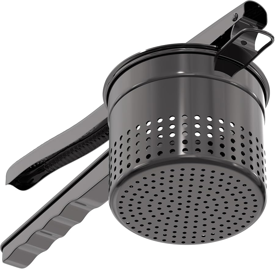 Livilord Large 15oz Potato Ricer, Heavy Duty Stainless Steel Ricer for Mashed Potatoes, Sweet Potato Masher Kitchen Tool with Ergonomic Handle, Press and Mash Kitchen Gadget, Black