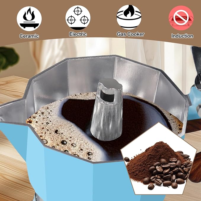 Aluminum 3 Cup 150ml Moka Pot Express Coffee Maker Stovetop Espresso Colorful Coffeemaker Italian Classic Style Brewing Greca Cafe Mocha Machine for Cafeteras Lover Camping Travel and Home Use 5oz