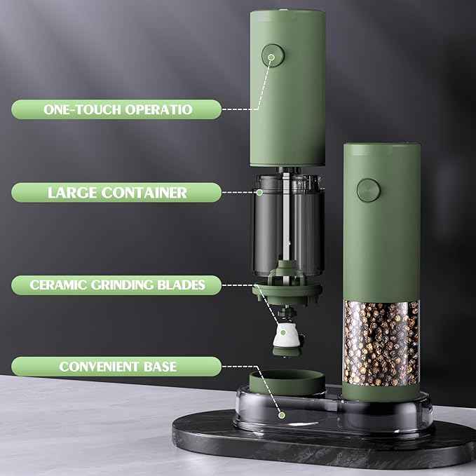 Salt and Pepper Grinder Set Mom Gifts, Electric Automatic Green Salt Pepper Shakers Home Kitchen Gadgets for New Home, Adjustable Coarseness Pepper Grinder Kitchen Appliances