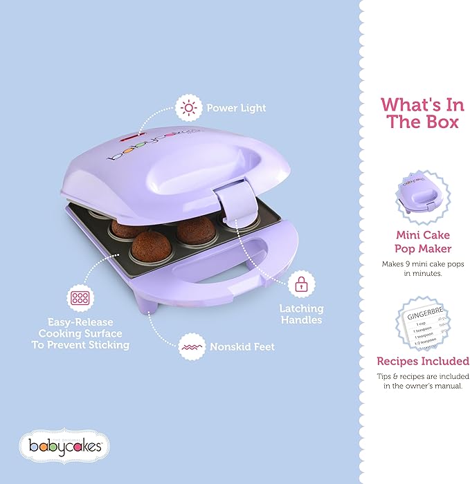Babycakes Mini Cake Pop Maker by Select Brands - Easy-to-Use Machine - Recipes Included - Non-Stick Coating, Non-Skid Feet & Power Light - Makes 9 Cake Pops