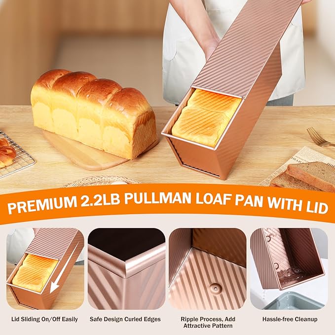 Pullman Loaf Pan with Lid, 13x4 inch, Premium 2.2LB Nonstick Sandwich Bread Loaf Pan for Homemade Sourdough Bread, Heavy Duty Carbon Steel Corrugated Toast Box with Cover for Baking, Bakeware