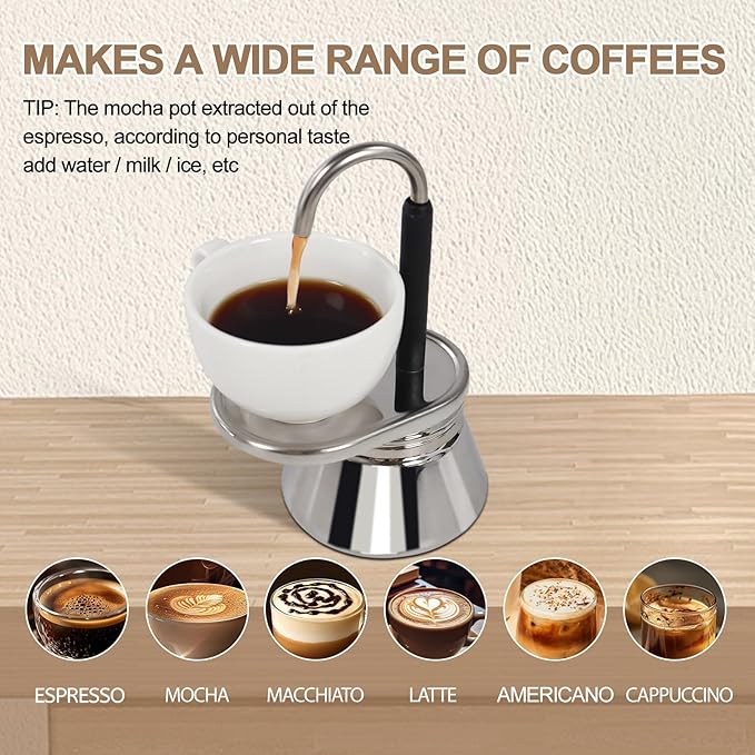 Uncoated 4 Cup Single Tube Moka Pot 304 Thickened Stainless Steel Mini Coffee Maker Stovetop Espresso Coffeemaker Italian Classic Style Brewing Greca Cafe Mocha for Camping Travel Home 310ml